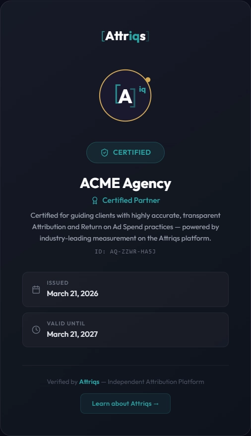 Attriqs Agency Verification Page showing certified partner status, unique verification ID, and issued/valid dates