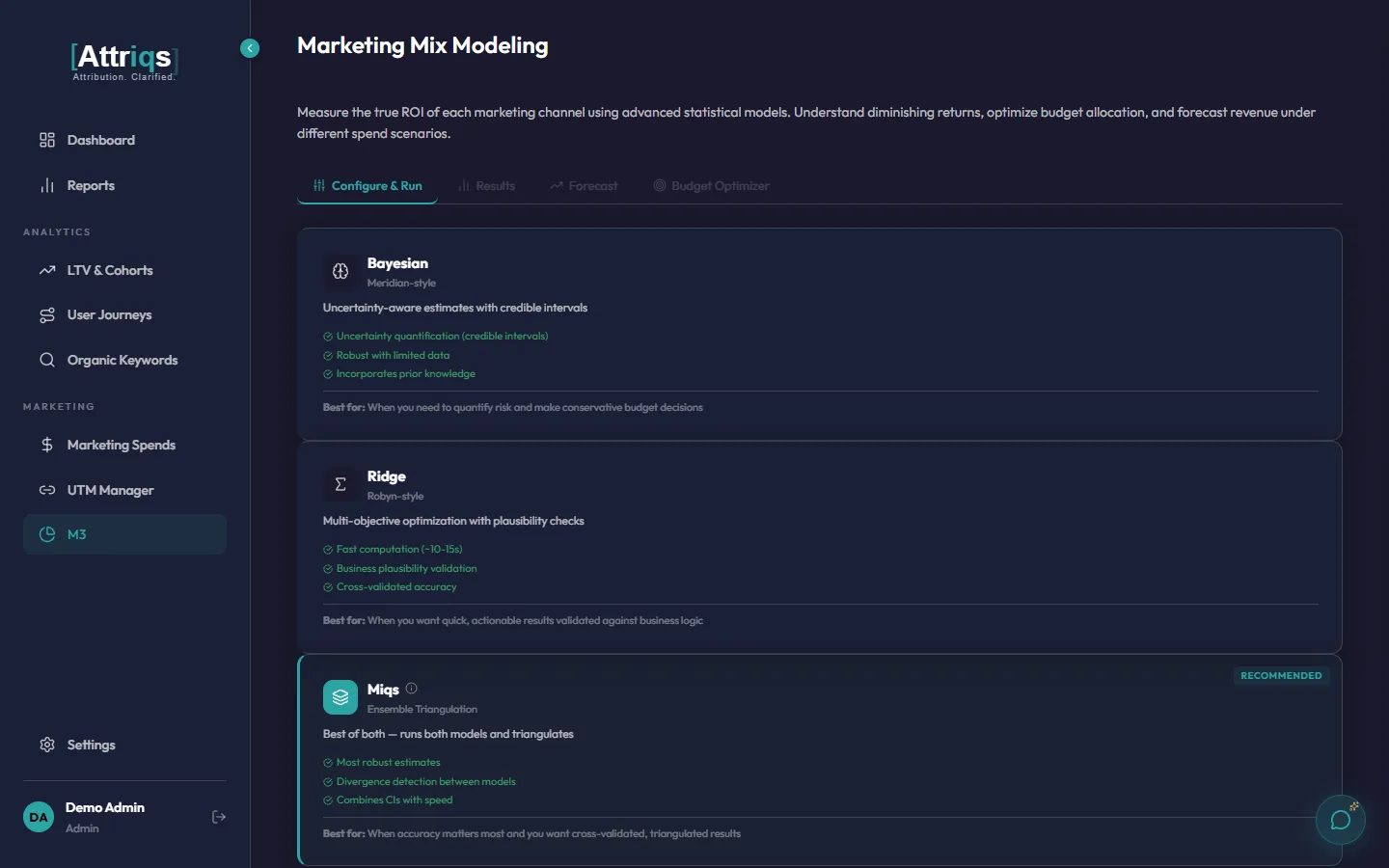 Marketing mix modeling with three approaches feeding into the budget optimizer